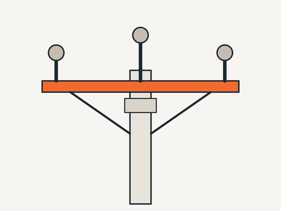 Схема: траверса опоры ВЛ под штыревые изоляторы — Конструкция под шесть опорных изоляторов 6–10 кВ, вылет 1300 мм, Б 900 мм, ширина 1040 мм 5.407-48 л.6 исп.2